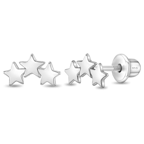 925 Sterling Silver Banded Star Safety Screw Back Earrings For Little Girls & Preteens - Adorable Celestial Star Earrings For Children - Polished Star Earrings For Young Girls