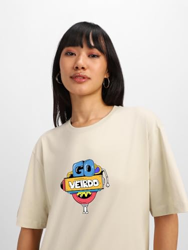 Image of Veirdo Pure Cotton Round Neck Oversized Baggy Fit Stylish Front & Back Graphic Printed Half Sleeve Boyfriend T-Shirt for Women (Color Options- Black, Orange, Royal Blue & Lilac)