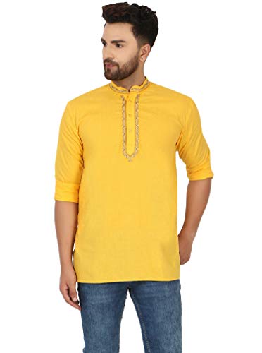 SKAVIJ Men's Cotton Embroidered Short Kurta Indian Clothing (Small, Yellow)