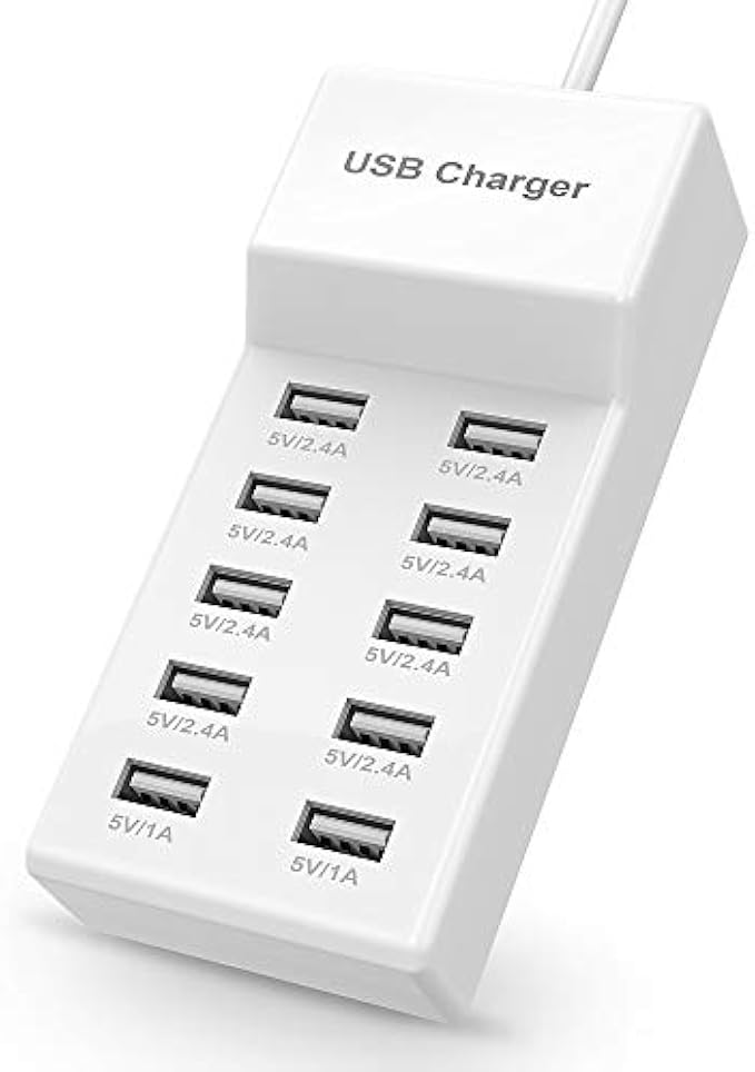 USB Charger USB Wall Charger with Rapid Charging Auto Detect Technology Safety Guaranteed 10-Port Family-Sized Smart USB Ports for Multiple Devices Smart Phone Tablet Laptop Computer