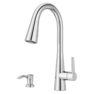 Pfister Barulli Kitchen Faucet with Pull Down Sprayer and Soap Dispenser, Single Handle, High Arc, Polished Chrome Finish, F5297BARC Pfister Barulli Kitchen Faucet with Pull Down Sprayer and Soap Dispenser Single Handle High Arc Polished Chrome Finish F5297BARC