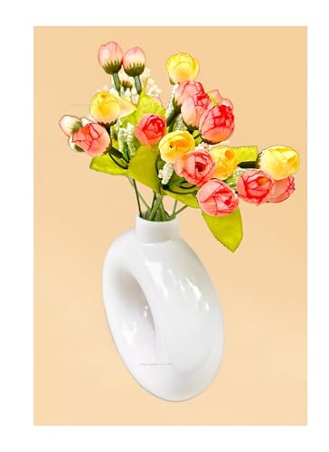 Image of SPHINX Ceramic Vase with Artificial Flowers| Flower Vase Pot for Home Decor,Living Room,Dining Table & Office|Modern Boho Minimalist Centerpiece for Decoration,Gifting (Donut with 2 Small Peonies)