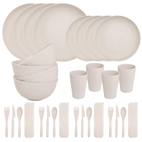 32pcs Wheat Straw Dinnerware Set for 4,Wheat Straw Plates and Bowls Set,Light Weight Dinnerware Reusable Dishwasher Microwave Safe,Cereal Bowls,Cups and Utensils Sets