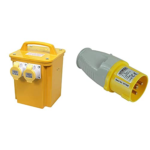 Faithfull FPPTRAN33A 3.3kVA 110V Twin Outlet (2 Socket) Site Transformer 2M HD Rubber Cable & FPPPLUG110 Yellow Plug 110V 16A Replacement for 110v Trailing Leads