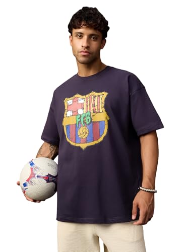 Image of The Souled Store FCB: Men and Boys Short Sleeves Round Neck Casual Lightweight Drop Shoulder Streetwear Trendy Oversized T-Shirts Black