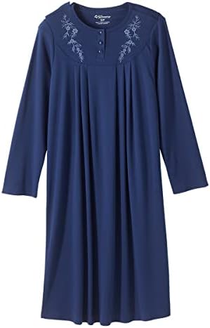 Women's Open Back Adaptive Home Care Nightgown with Crew Neck - Long Sleeve Embroidered Hospital Gown for Seniors - Navy SMA