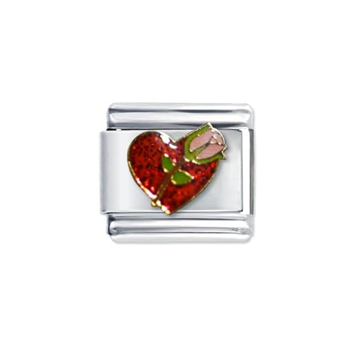 Quiges - Quiges - 9 mm Style italien Charm Link Module en acier inoxydable Cœur et rose pour bracelets de style italien