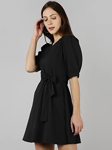 Image of SEREIN Women's Mini Dress (Solid Crepe Dress with Puff Sleeves, v-Neck & Waist Belt)