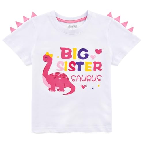 WAWSAM Dinosaur Big Sister Announcement T Shirt Promoted Outfits for Toddler Girls 100% Cotton Promoted to Big Sister Shirt White