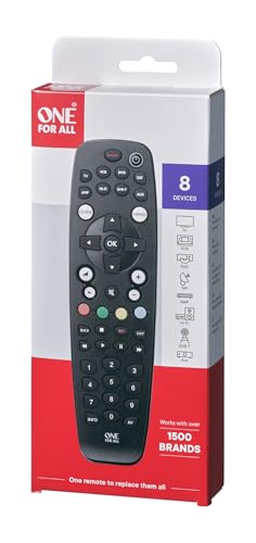 One For All - Mando a Distancia Universal OFA - Control Remoto Universal para 8 aparatos (TV, TDT, DVD/BLU-Ray, Multimedia y Audio) - Negro - URC2981