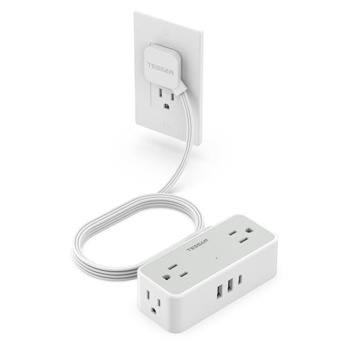 TESSAN Extension Electrica Plano, Regleta Multicontacto 3 USB(1 USB C), Extensión Plana para Pared 5 Pies con 4 Salidas de CA, Conector Multiple Enchufe para Hogar, Oficina,...