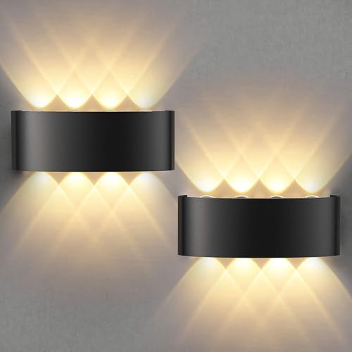 Lureshine Applique Murale LED 2 Pièces - Intérieur/Extérieur, Éclairage Haut et Bas, Aluminium Noir 8W, IP65, 3000K Blanc Chaud - Pour Garage