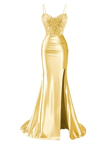 BOLENSYE Spaghetti Strap Satin Prom Dresses Long Corset Evening Gown Lace Appliques Formal Dress with Slit3