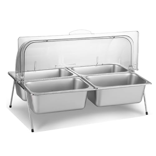 Bandeja de acero inoxidable para servir con cubierta superior enrollable transparente, dispensador de condimentos para bufé, comida helada, ensalada, bar, bandeja para encimera (10 cm, 4 rejillas)