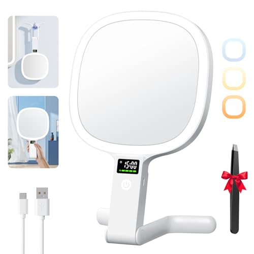 Auxmir Espejo Maquillaje con Luz 30X/1X Aumento 2500mAh Recargable USB Doble Cara 56 Leds, Colgar Pared de Mesa Mano Portátil, Pantalla Inteligente de Reloj y Nivel de Batería para Viaje