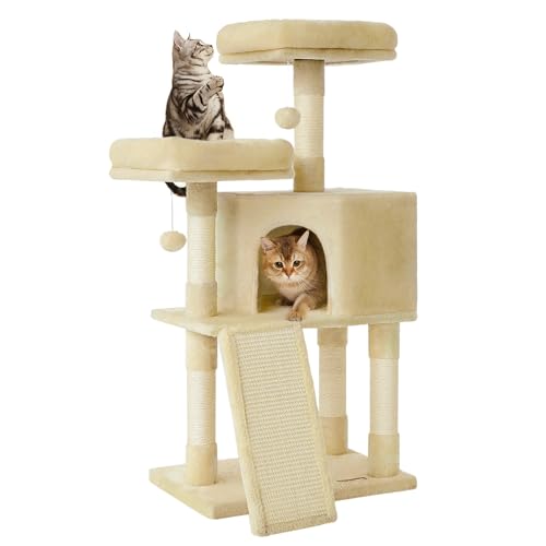 Image of Feandrea Cat Tree, 45.3-Inch Cat Tower, Plush Condo Scratching Post, Beige | 45.3-Inch Cat Tower, Plush Condo with Scratching Post, Ramp, Perch, Spacious Cave, Beige
