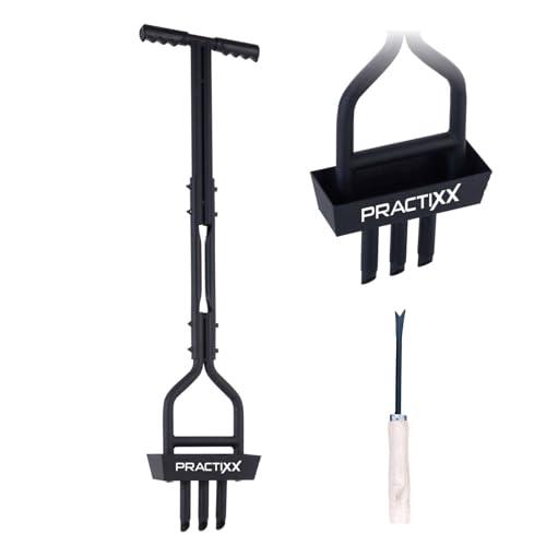 Practixx Rasen Aerifizierer PX-RL10 Hand Rasenlüfter mit Auffangbehälter schwarz - 20cm Arbeitsbreite | 3 Zinken | Softgrip | Rasen belüften | Rasenbelüfter mit Reinigungswerkzeug | Handaerifizierer