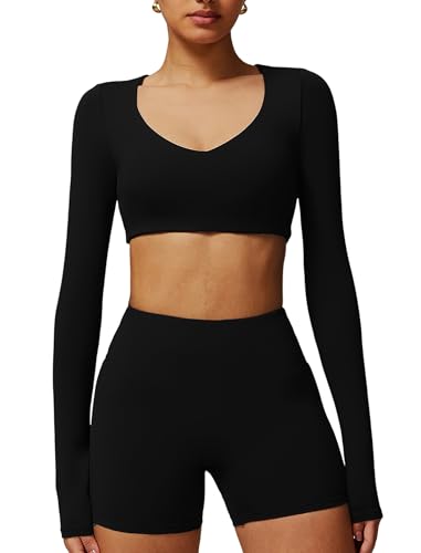 Image of ABOCIW Women Square Neck Long Sleeve Workout Crop Top Low Medium Impact Athletic Yoga Gym Shirts with Built in Bra(ONLY TOP)