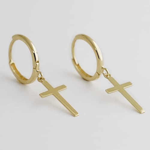 14K Real Solid Gold Cross Huggies Hoop Earrings Dainty Minimalist Gold Cross Charm Pendant Dangle Drop Huggies Hoop Earring Religious Jewelry2