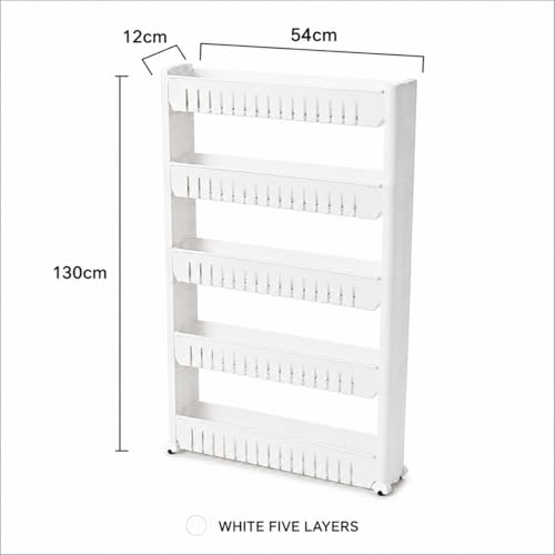Image of JD Fresh 5-Tier Slim Rolling Storage Organizer Rack /Fridge Side Storage Rack /Plastic Trolley Storage Stand with Wheels /Floor Standing Cabinet for Bathroom and Kitchen Corner Area (White)