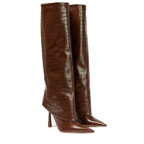 Image of Goolita Fold Over Boots For Women, Pointed Toe Stiletto Heel Knee High Boots Fashion Comfortable Slip On Tall Boots