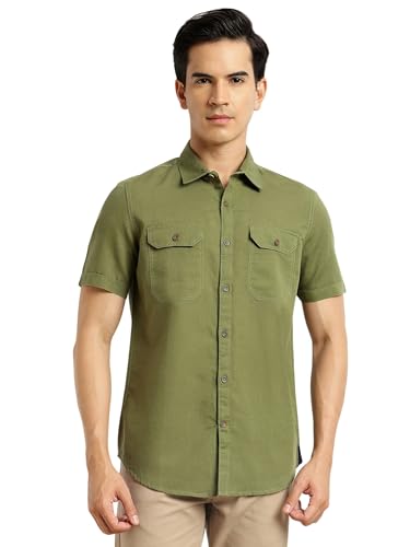 Image of Thomas Scott Men's | Solid | Half Sleeve | Slim Fit | Linen Blend | Double Flap Pocket | Spread Collar | Casual Shirt for Men