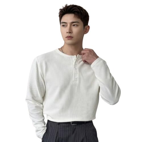 Image of Men's Textured Fabric Solid Color Basic Half-Open Collar T-Shirt, Fall Long Sleeve Men Shirt | Tshirt for Men