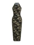 WDIRARA Women's Camo Print Halter Neck Bodycon Dress Sleeveless Long Cami Dresses Green Small