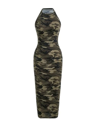 WDIRARA Women's Camo Print Halter Neck Bodycon Dress Sleeveless Long Cami Dresses Green Small