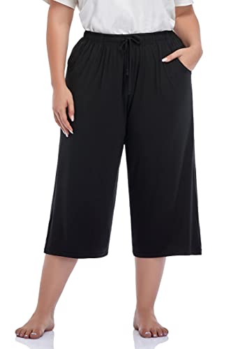 Zerdocean Women's Plus Size Wide Leg Casual Lounge Pants Comfy Capris Relaxed Pajama Bottoms Drawstring Pockets Black 4X #TOP25