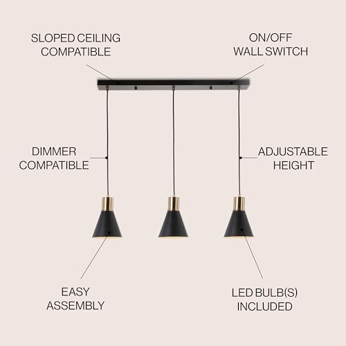 Image of JONATHAN Y Apollo Mid-Century 3-Light Pendant 33.5 inch, Black /Brass Gold | Modern, Adjustable Height, Metal Cone Shade, Kitchen Island, Hallway, UL Listed, Slope-Compatible, LED Bulb Included