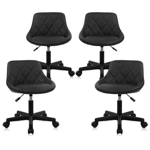Image of KLASIKA Black Low Back Rolling Stool PU Leather Vanity Stools, Set of 4 Makeup Salon Spa Stools, Adjustable Height Ergonomic Swivel Rolling Desk Stool Work Office Swivel Chair