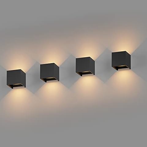 K-Bright 4 Pack 12W LED Wandleuchte Innen/Außen Wandlampe Auf und ab Einstellbarer Lichtstrahl Warmweiß 3000K LED Außenwandleuchte IP65 Wasserdichte Wandleuchte Schwarz Cover