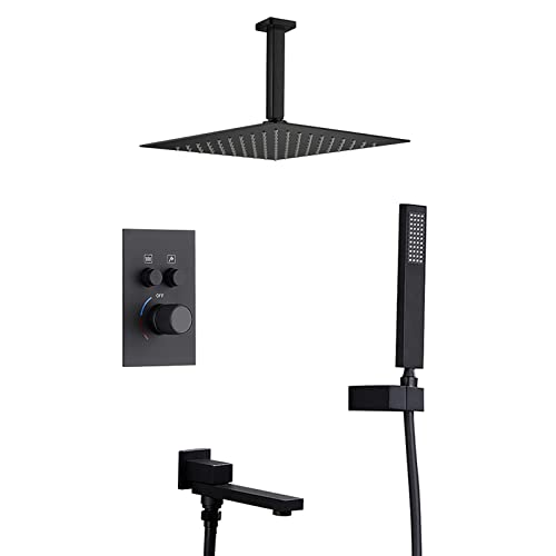 SWHC Duschsystem Unterputz, Duschset mit Digitaler Bildschirm, Regendusche Deckenmontage Brausegarnitur mit 25 cm * 25 cm Duschkopf, Handbrause, Drehbar Badewannenarmatur,Black a Cover