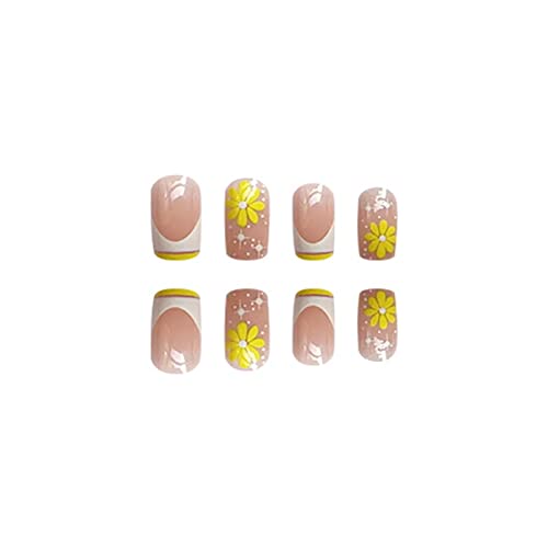 24Pcs Press On Nails Medium Square French Tip Fake Nails Yellow Flowers Star With Design Acrylic Nails Glue On Nails Glossy Artificial Full Cover False Nails For Women And Girls Manicure Decoration #TOP4