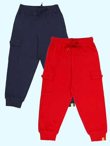 Image of KiddoPanti Boys Cotton Joggers | 100% Cotton Single Jersey | 2 Side Cargo Pockets with Flap | Elasticated Waist Band with Functional Drawcord | Soft & Breathable Track Pants