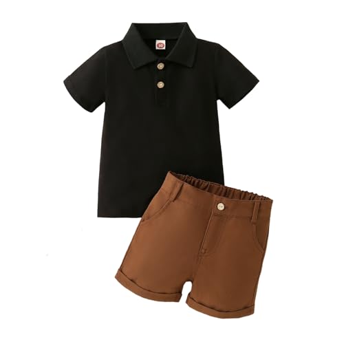 Yanmucy Baby Boy Summer Clothes Outfits Toddler Boy Polo Short Sleeve Shirt Solid Elastic Waisted Shorts Clothing Suit Casual T Shirt Tops Shorts Set 1-6 Years (Black, 5-6 T)