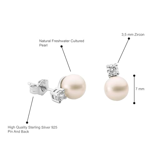 QUADRI-Pendientes-de-Perlas-y-Circonitas-para-Mujer-en-Plata-925-Perlas-Cultivadas-de-Agua-Dulce-Blancas-Redondas-de-7mm-Caja-de-Regalo-Incluida
