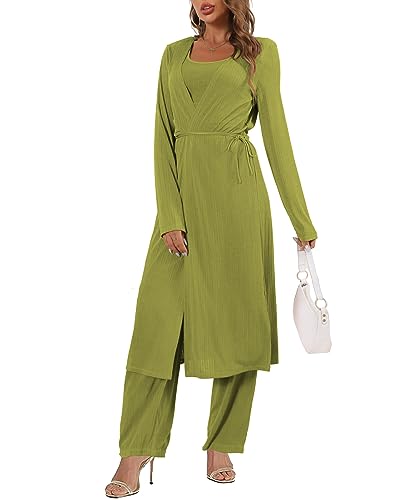 Image of 3 Piece Lounge Sets for Women Airport Travel Outfit | Long Cardigan,Tank Top ,Wide Leg Pants with Pockets,Comfy Loungewear,Casual Chic, Airplane Clothing,Vacation Matching Set