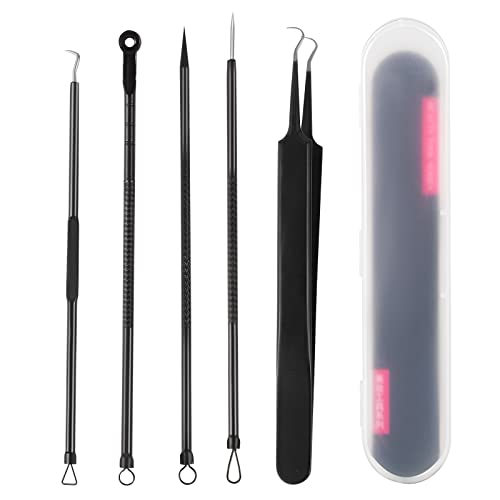 5 Pcs Extracteur Point Noir, Kit Tire Comedons Professional Inox Outils Point Noir avec Boîte de Rangement, Pince Point Noir Visage (Noir) Cover