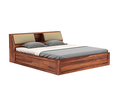 Image of STRATA FURNITURE Sheesham Wood King Size Bed with Box Storage Wooden Double Bed Cot Bed Furniture for Bedroom Living Room Home (Honey Finish)
