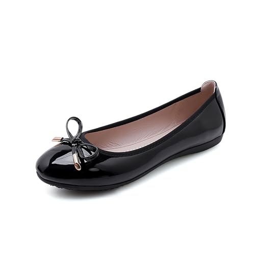 Dressnu Ballerines plates avec fond souple pour femme, Cuir verni noir., 38 EU