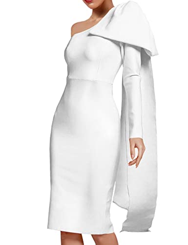 Image of UONBOX Women's One Shoulder Bowknot Long Sleeve Bodycon Knee Length Club Party Bandage Dress