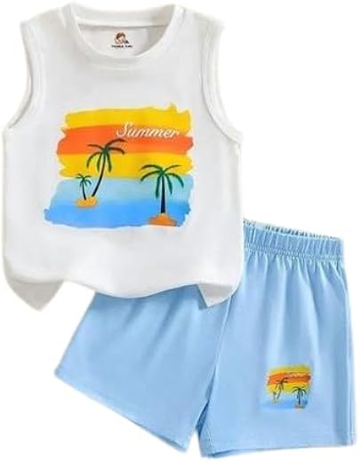 Kid Boys Cotton Blend Summer Beach Printed Cotton Blend Top &amp; Bottom Clothing Set