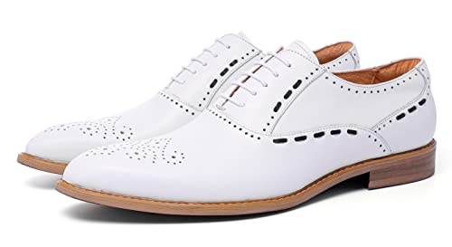 Santimon Mens White Oxfords Formal Dress Shoes - Genuine Leather Classic Round Toe Wingtip Brogue Lace Up Derby Shoes for Wedding Business