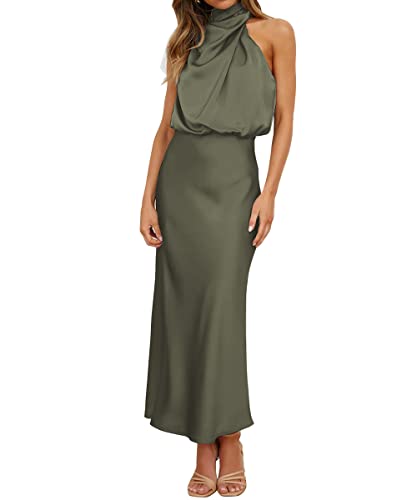 Hatant Satin Maxi Dress for Women Silk Wedding Guest Dress Maxi Dress Sleeveless Elegant Halter Neck Wrap Cocktail Dress, A-olive Green, XL
