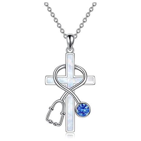 WINNICACA Sterling Silver Stethoscope Necklace with Created Opal, Unisex Nurse Gift, 925 Silver, 18+2in, White Opal Cover