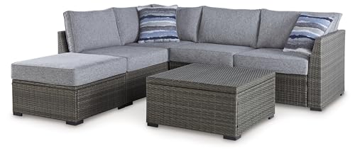 Outdoor Loveseat Sectional/Ottoman/Table Set with Throw Pillows, Set of 4, Gray