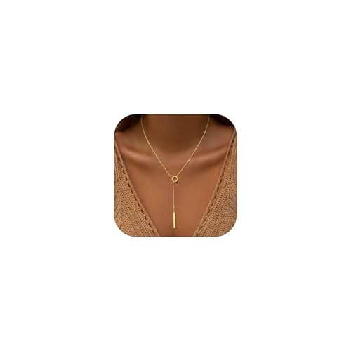 SWRNR Lariat Necklace for Women, Dainty 14K Gold/Silver Plated Long Necklaces for Women Trendy Simple Layered Y-Shaped Pendant Necklace Adjustable Fashion Jewelry Gift, Gold, Bar Pendant