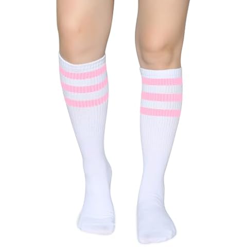 Henwarry Classic Triple Stripes Over the Calf Cotton Retro Tube Socks for Men and Women (A10-Pink/White) Cover